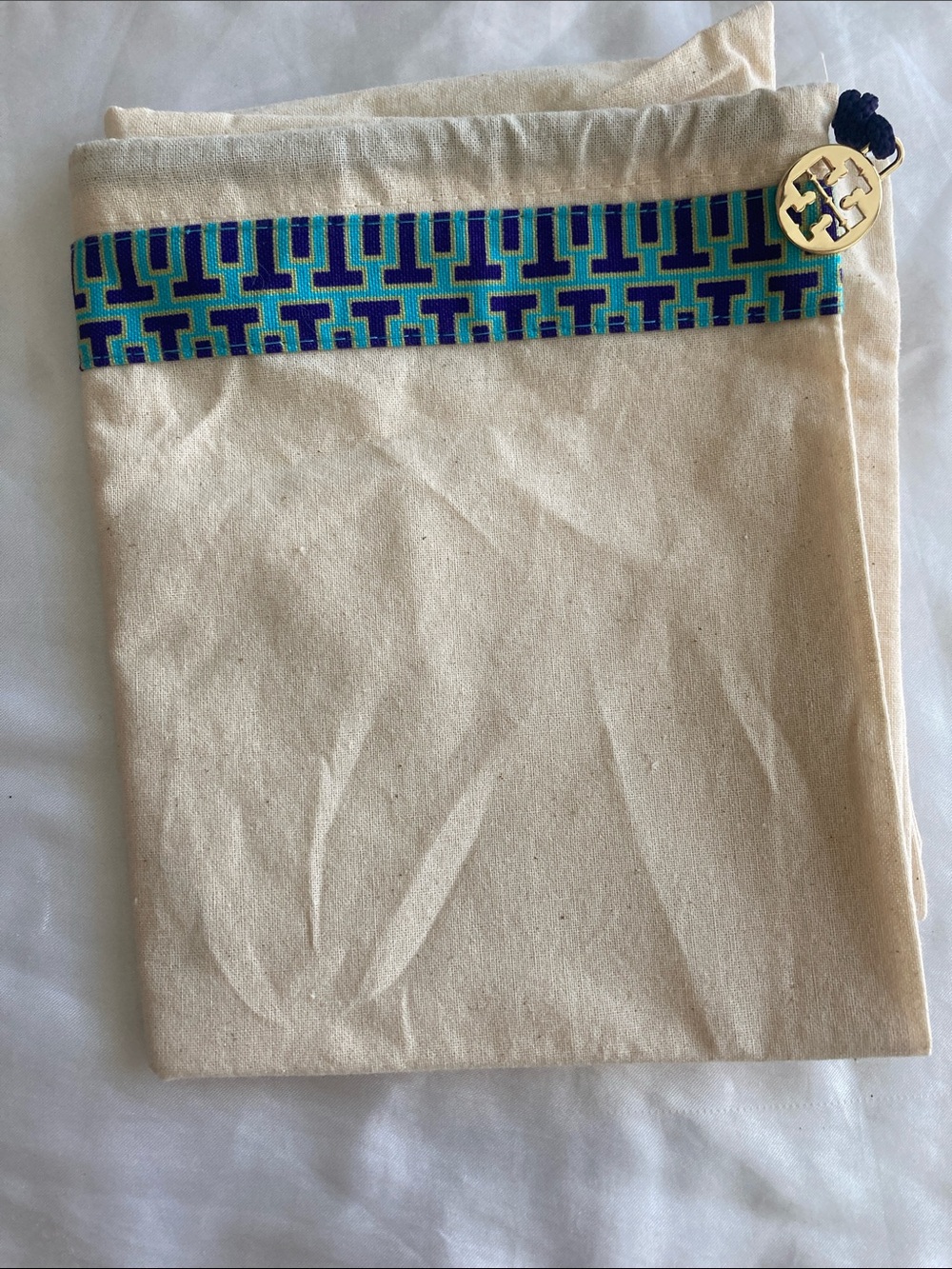 Tory Burch Cream Canvas Dust Bag with Blue-Green Geometric Trim